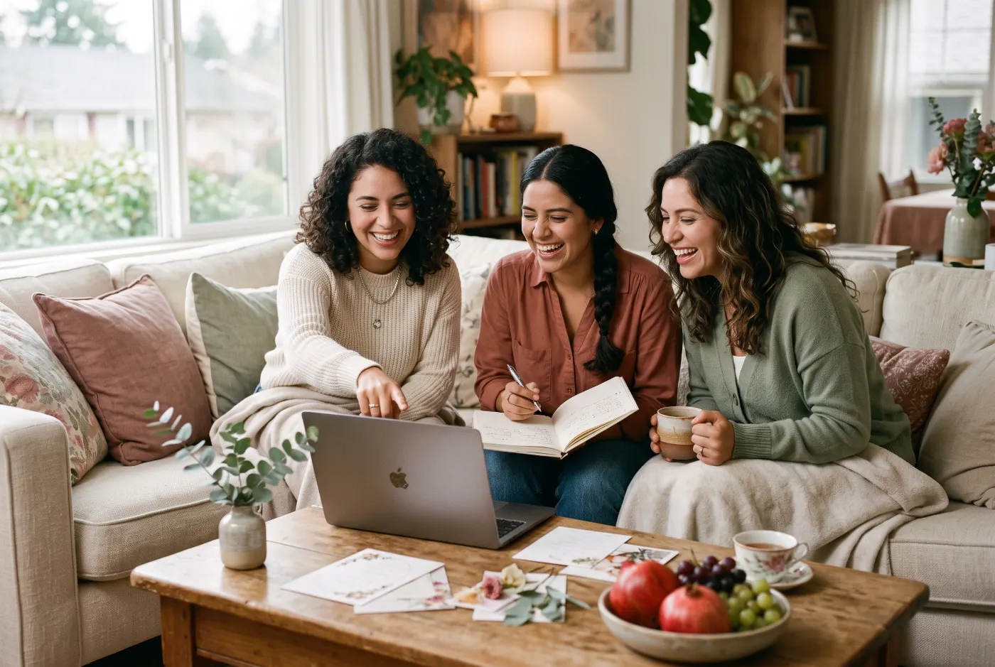 Tres amigas planeando la boda juntas