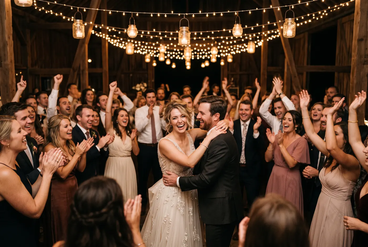La pareja bailando rodeada de sus invitados