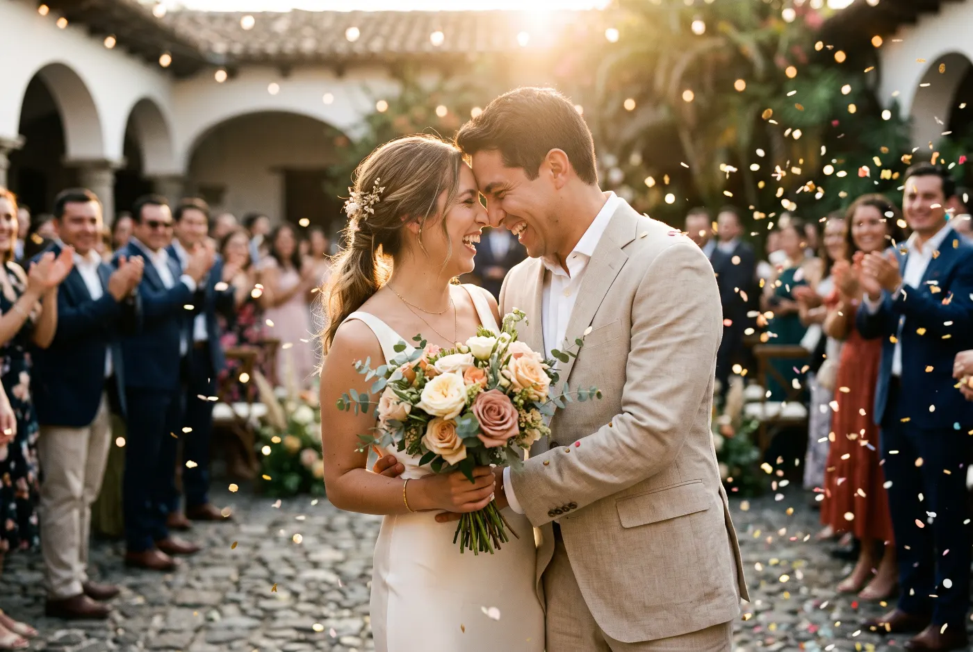 Una pareja recién casada, felices después de la ceremonia